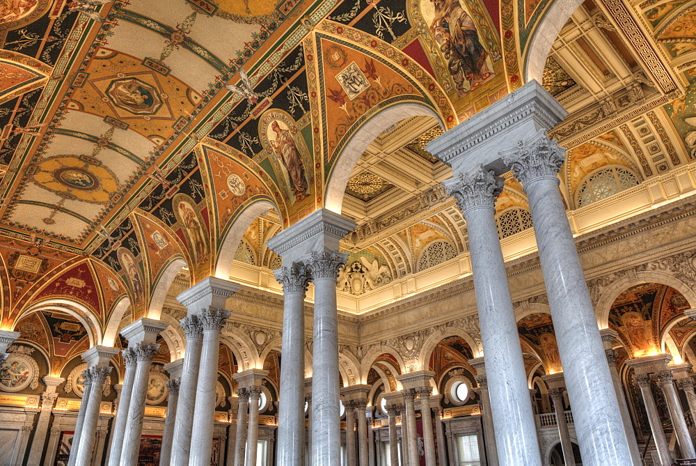 Ceiling and walls, Mezzanine of the Great Hall, Library of Congress, Washington D.C., United States of America, North America