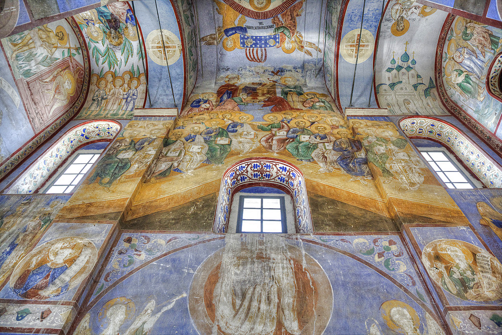 Frescoes, Church of the Nativity of the Virgin dating from 1158, UNESCO World Heritage Site, north of Vladimir, Russia, Europe