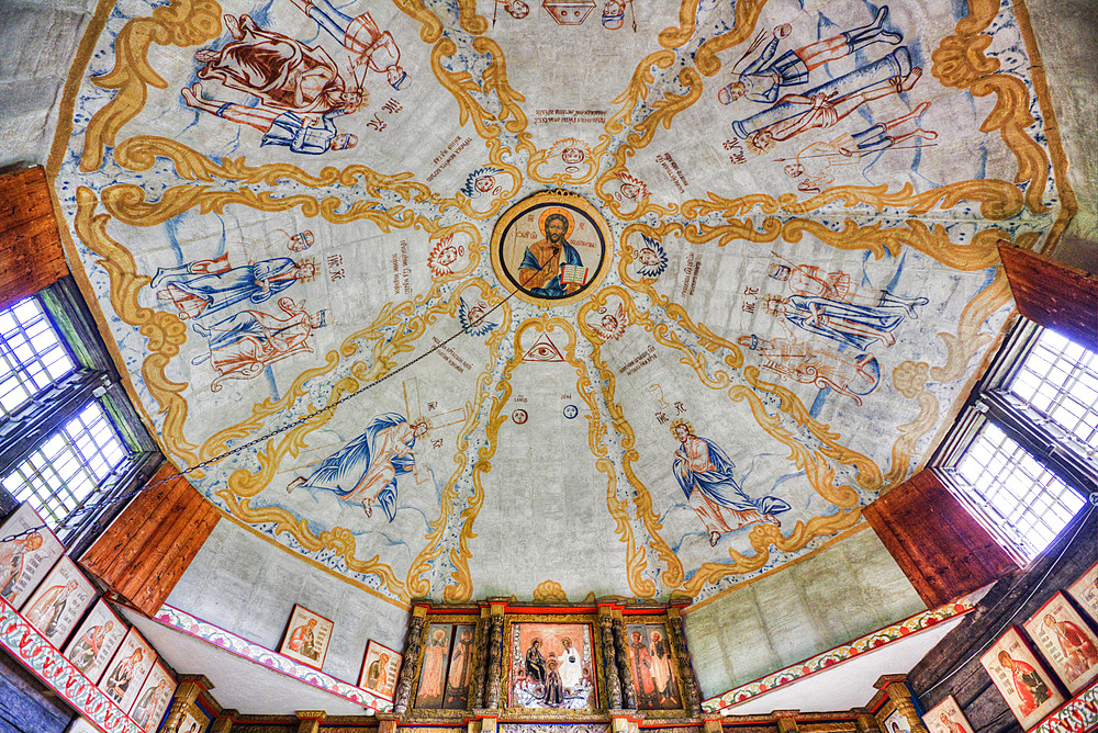 Ceiling frescoes from the 16th century, Church of Ilijah (Elijah) the Prophet, Museum of Wooden Architecture, Kostroma, Kostroma Oblast, Russia, Europe