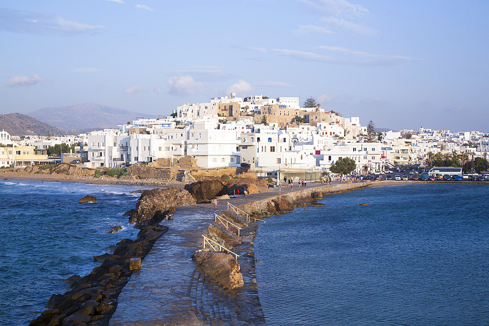 Hora (Old Town) with Causeway to the Temple of Apollo in the foreground, Naxos Island, Cyclades Group, Greek Islands, Greece, Europe