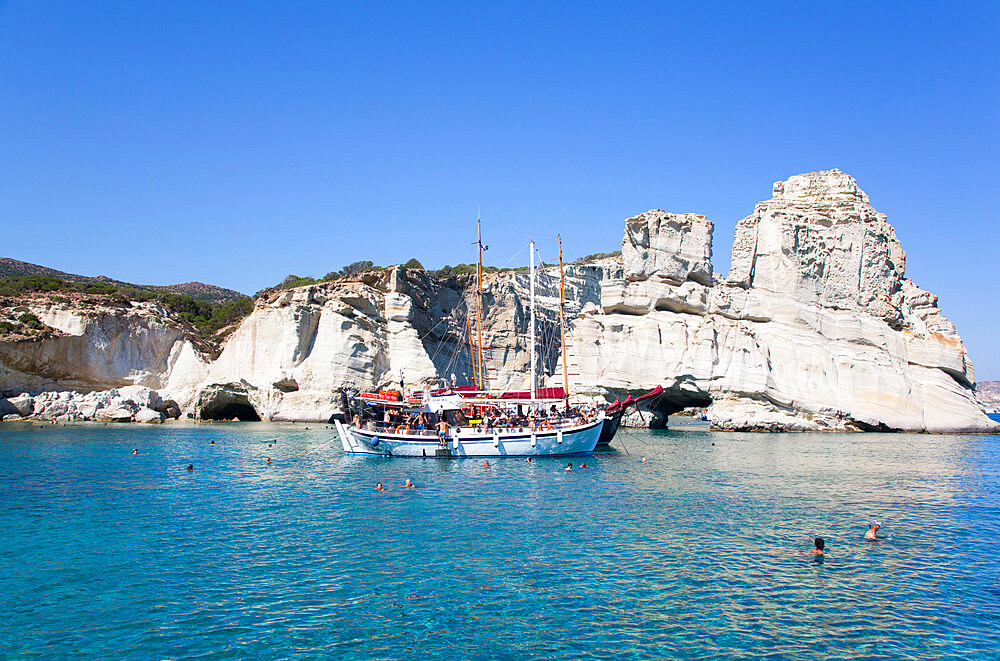 Tour Boats, Kleftiko Bay, Milos Island, Cyclades Group, Greek Islands, Greece, Europe