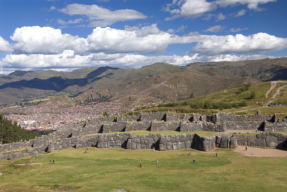 The zig-zag fortress of Sacsayhuaman, with Cuzco in the background, Cuzco, Peru, South America