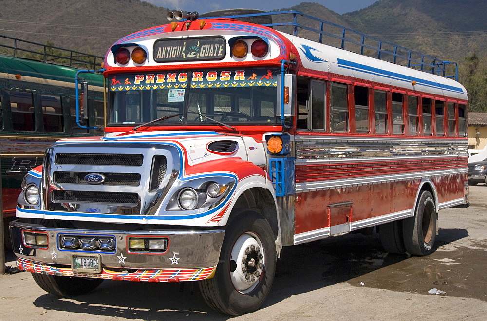 The colorful chicken bus of Guatemala, Antigua, Guatemala, Central America