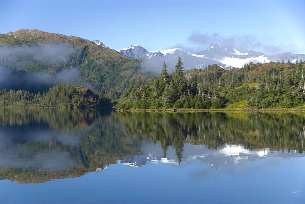 Low lying fog, Shrode Lake, Prince William Sound, Alaska, United States of America, North America