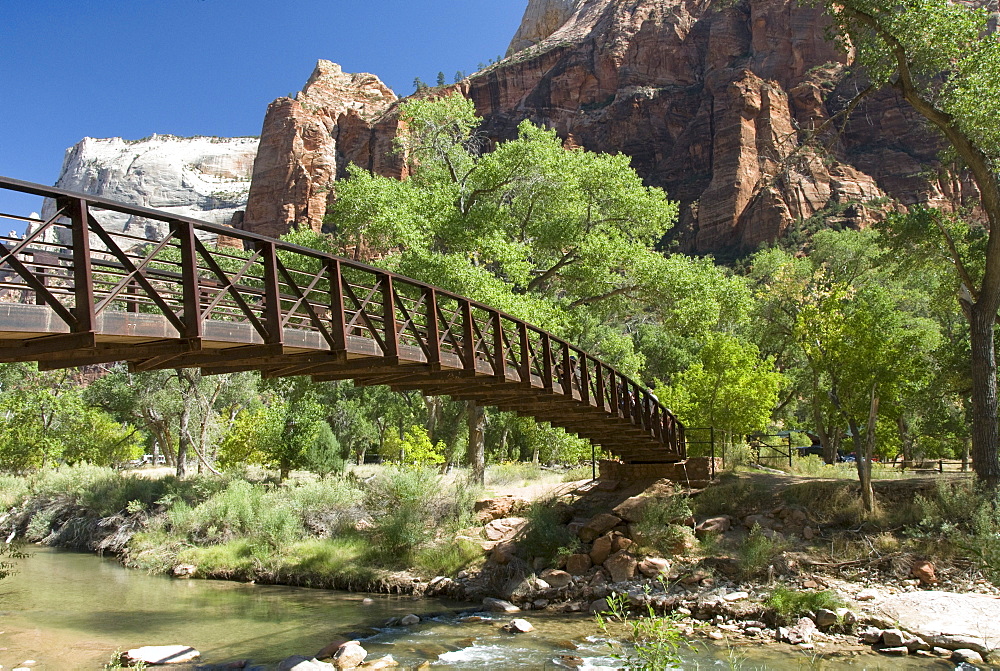 The Virgin River, foot bridge to access the Emerald Pools, Zion National Park, Utah, United States of America, North America