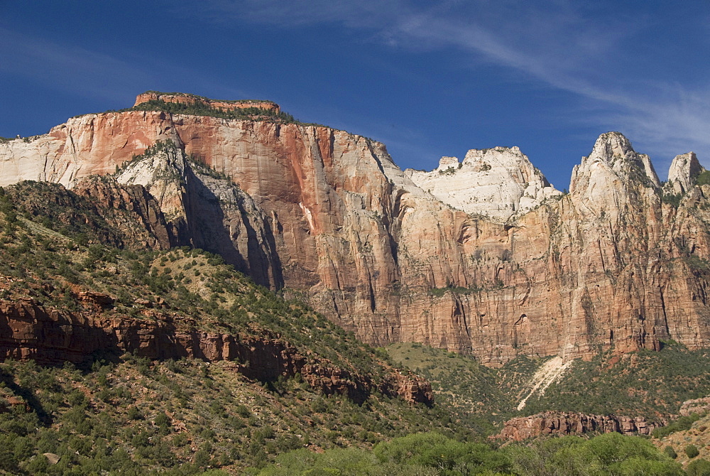 West Temple, 7810 feet on left, and Sundial Tower, 7590 feet center rear, Zion National Park, Utah, United States of America, North America