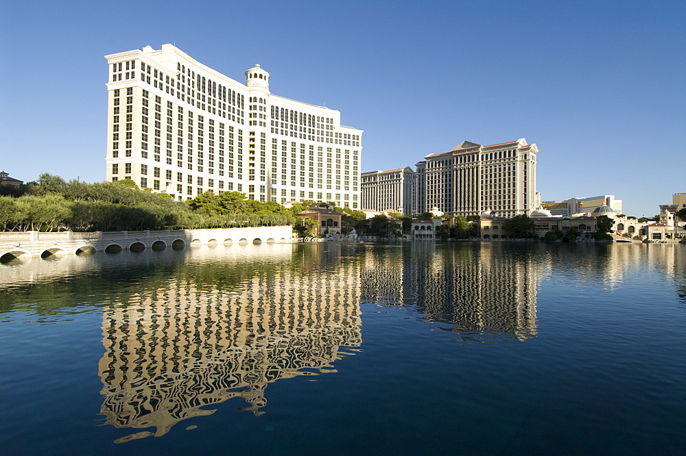 Bellagio Hotel on left and  Caesars Palace Hotel on the right, Las Vegas, Nevada, United States of America, North America