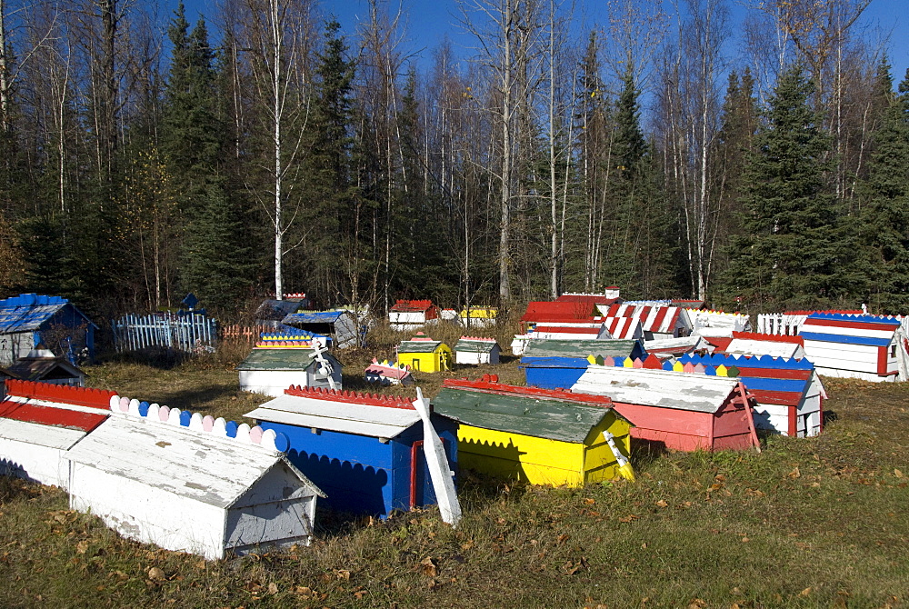 Athabaskan spirit houses in cemetery, Eklutna Historical Park, Eklutna, Alaska, United States of America, North America