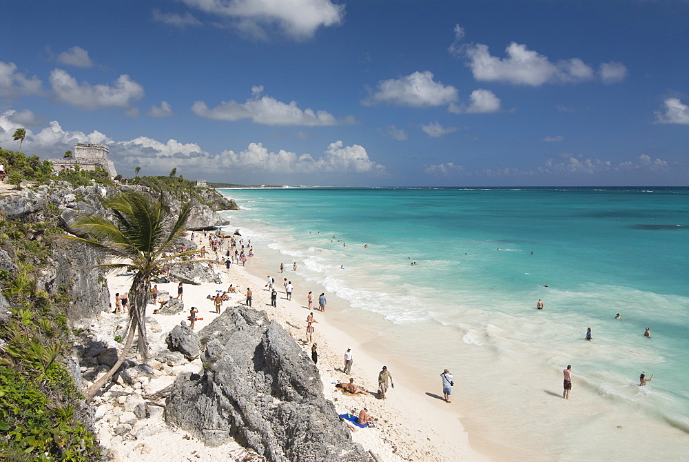 Tulum Beach, with El Castillo (the Castle) at the Mayan ruins of Tulum in the background, Quintana Roo, Mexico, North America