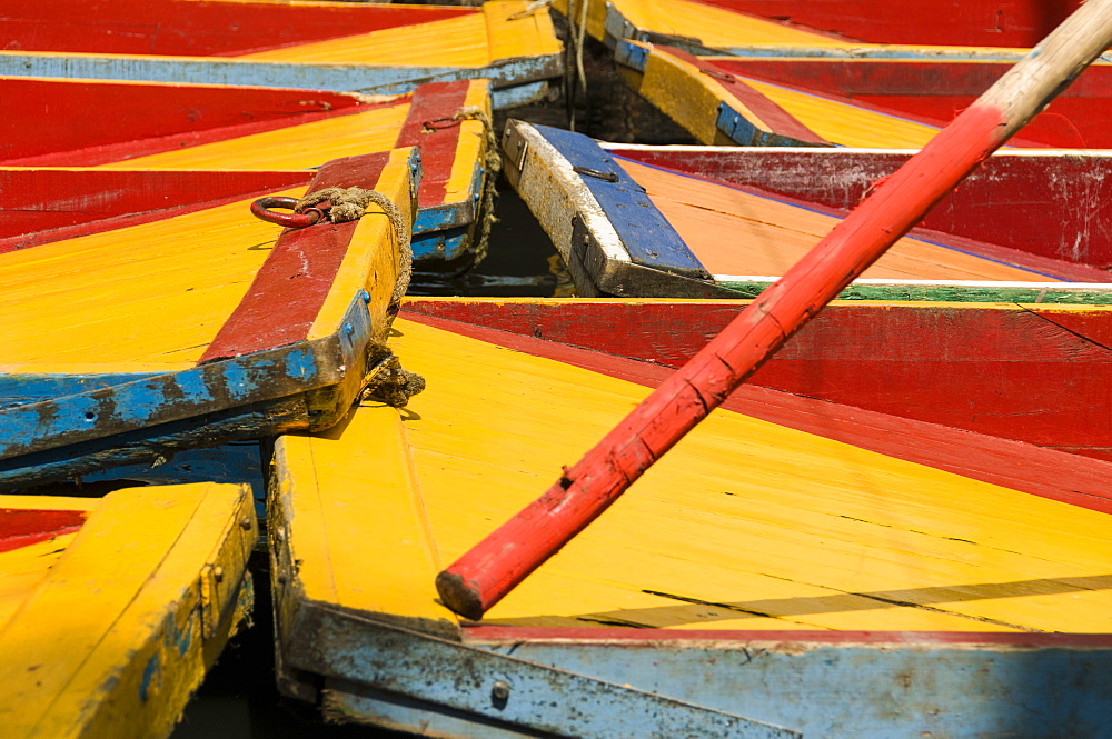 Close up of the colourful wooden boats at the Floating Gardens in Xochimilco, UNESCO World Heritage Site, Mexico City, Mexico, North America 