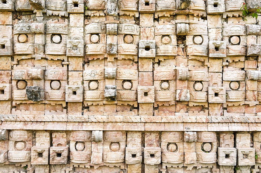 Close up of the wall at the Mayan ruins at El Palacio de los Mascarones (Palace of Masks), Kabah, Yucatan, Mexico, North America 