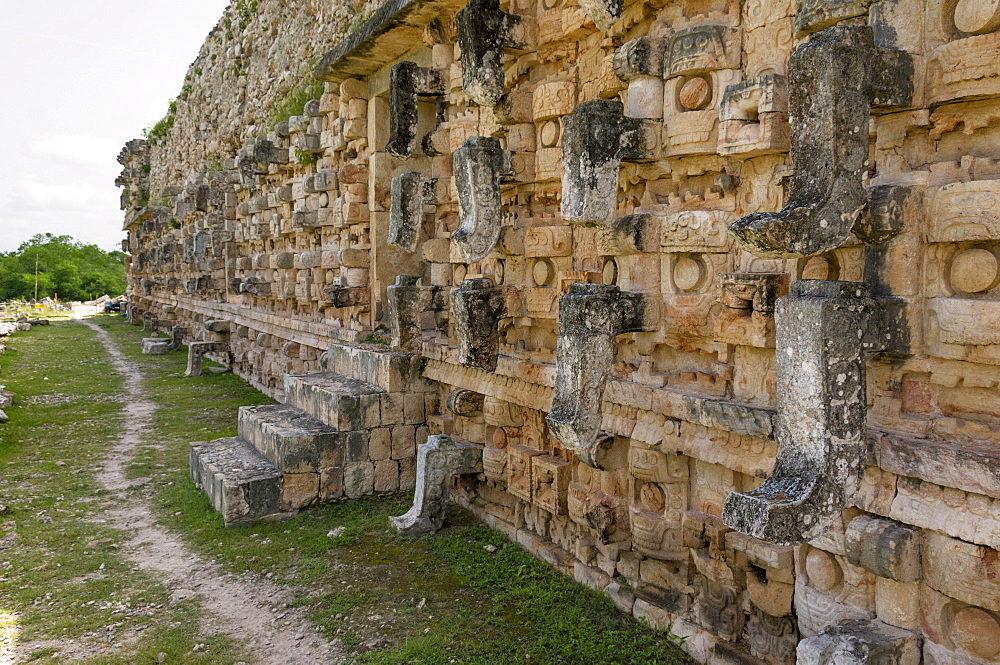 Detailed wall at the Palace of Masks, a Mayan site at Kabah in the Yucatan, Mexico, North America 