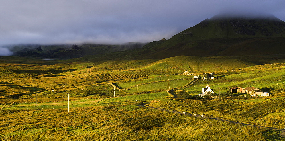 View of the Quiraing from Brogaig on the Isle of Skye, Inner Hebrides, Scotland, United Kingdom, Europe