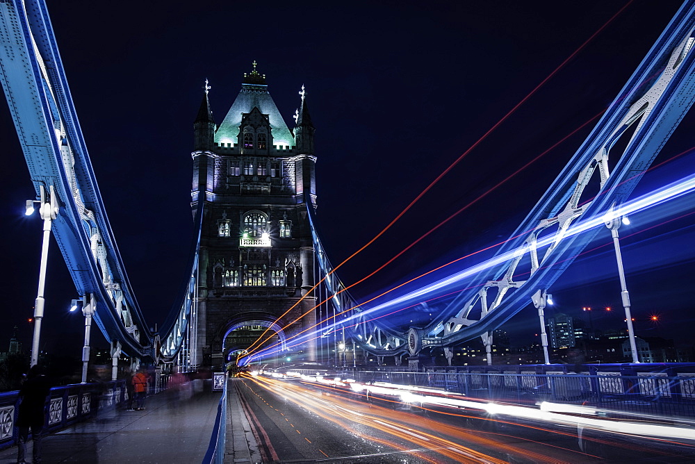 Light trails on London bridge in the evening, London, United Kingdom, Europe