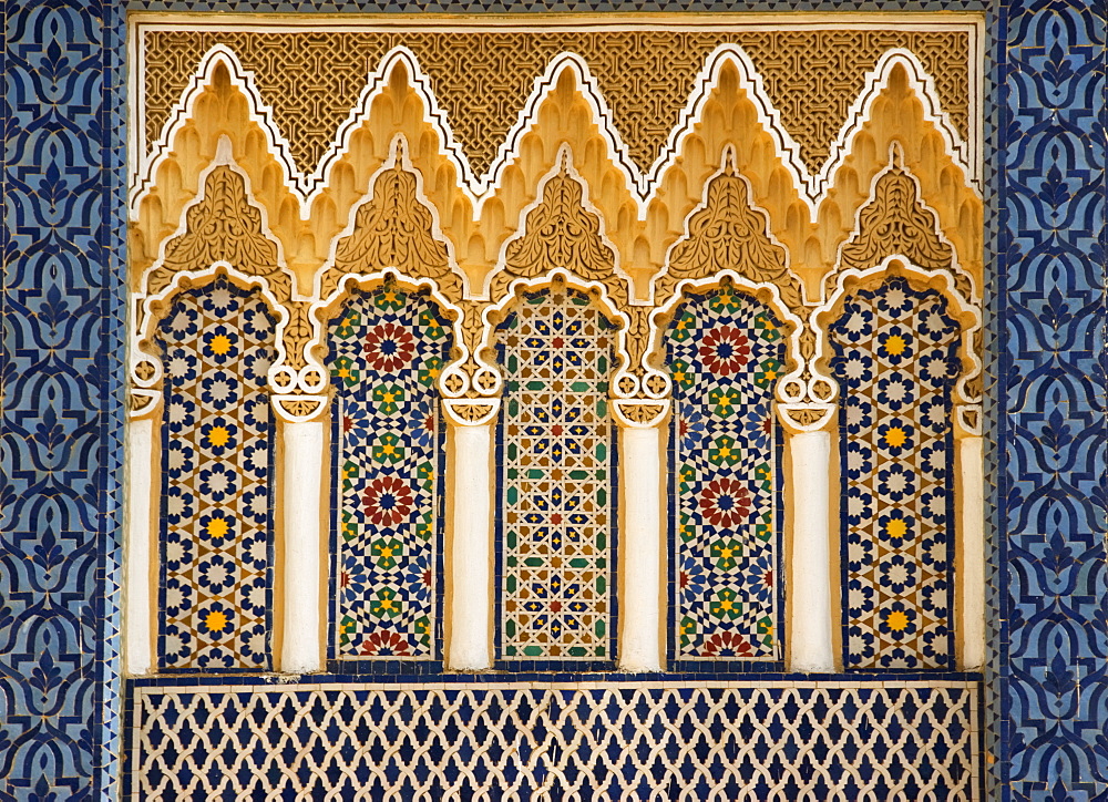 Ornate architectural detail above the entrance to the Royal Palace, Fez, Morocco, North Africa, Africa