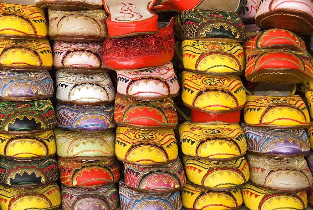 Traditional leather shoes on sale in a shop next to the tannery, Fez, Morocco, North Africa, Africa