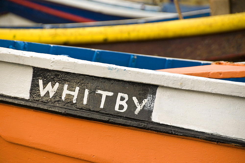 Close up of a colourful fishing boat in Whitby, Yorkshire, England, United Kingdom, Europe