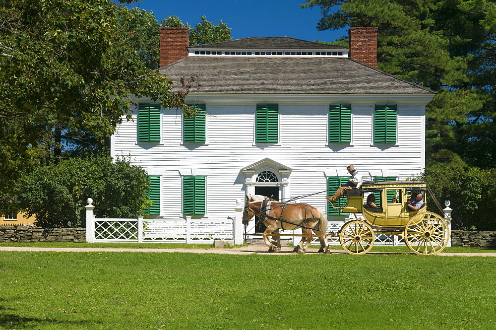 Horse drawn stagecoach at Old Sturbridge Village, a living history museum depicting early New England life from 1790 to 1840 in Sturbridge, Massachusetts, New England, United States of America, North America