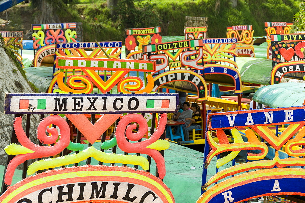 Colourful boats at the Floating Gardens in Xochimilco, UNESCO World Heritage Site, Mexico City, Mexico, North America 