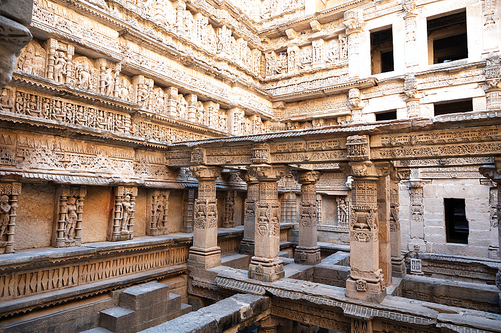 Ornately carved third storey level of the Adalaj stepwell, initiated by Rana Veer Singh in 1498 and completed by his widow Rudabai in 1499. It has 344 steps in total and includes both Hindu and Jain influences.