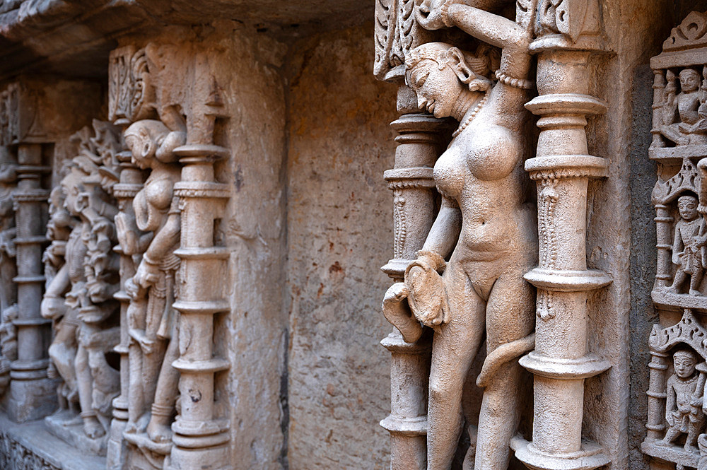Beautiful ornate carvings in the Adalaj stepwell, initiated by Rana Veer Singh in 1498 and completed by his widow Rudabai in 1499. It has 344 steps in total and includes both Hindu and Jain influences.