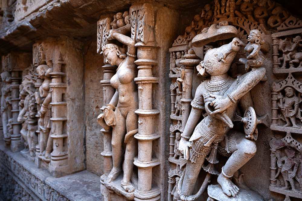 Beautiful ornate carvings in the Adalaj stepwell, initiated by Rana Veer Singh in 1498 and completed by his widow Rudabai in 1499. It has 344 steps in total and includes both Hindu and Jain influences.