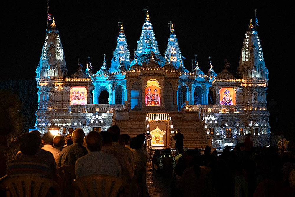 Shree Swaminarayan Akshar Mandir lit up spectacularly for the regular sound and light show there