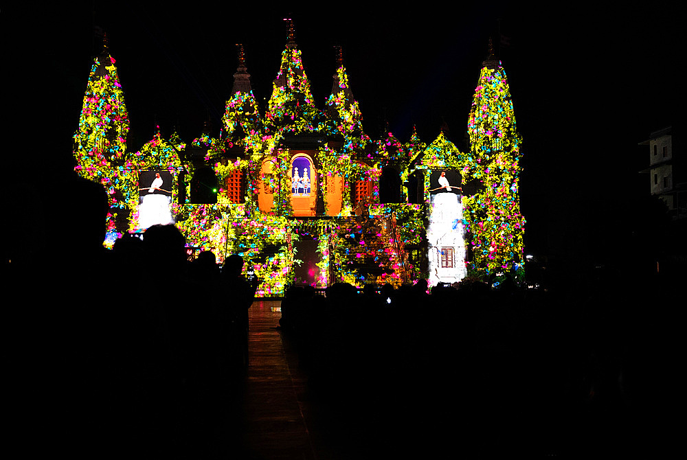 Shree Swaminarayan Akshar Mandir lit up spectacularly for the regular sound and light show there