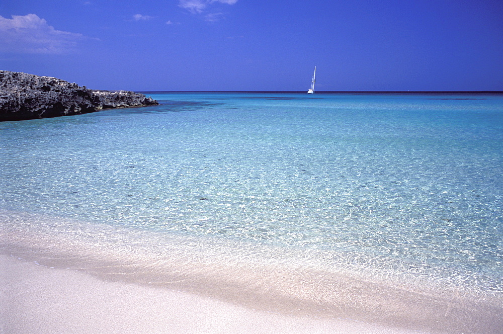 Beach and sailing boat, Formentera, Balearic Islands, Spain, Mediterranean, Europe