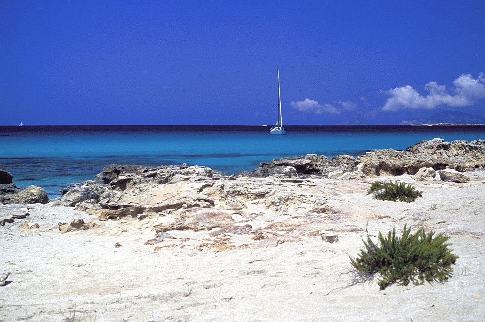 Rocks and sailing boat, Formentera, Balearic Islands, Spain, Mediterranean, Europe