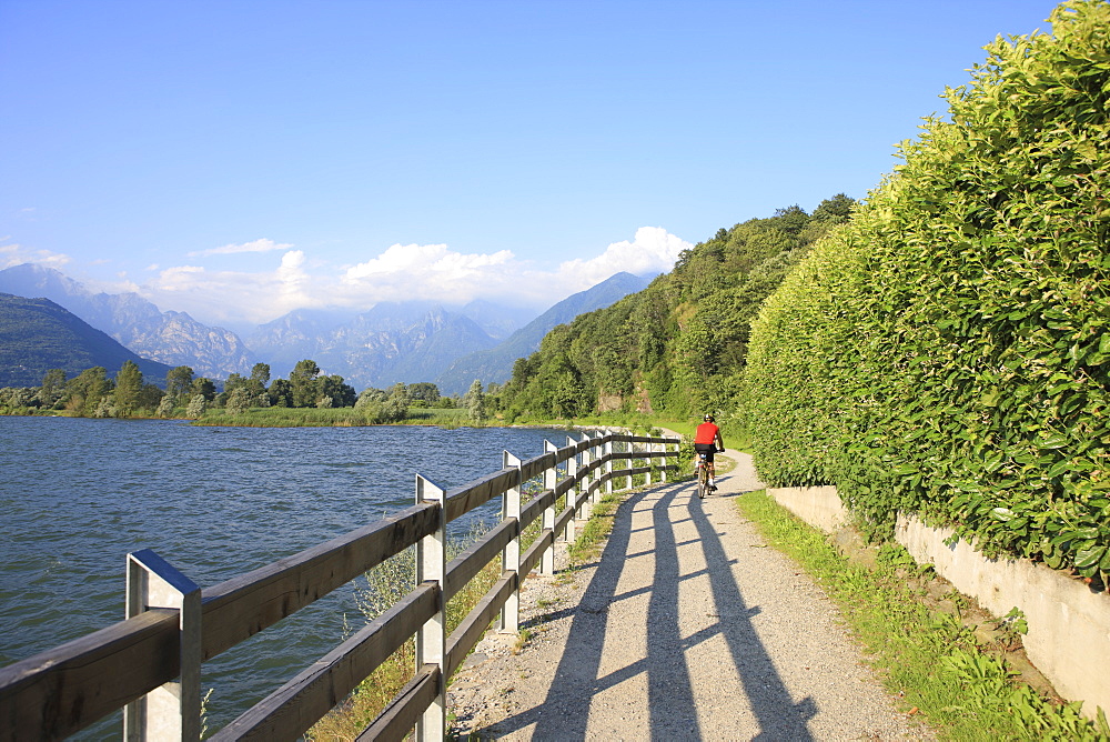 Man bikes along path at lake's edge, Lake Como, Italian Lakes, Lombardy, Italy, Europe