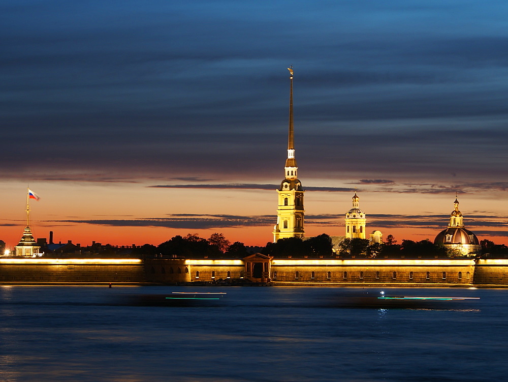 Cathedral of St. Peter and St. Paul at dusk, St. Petersburg, Russia, Europe