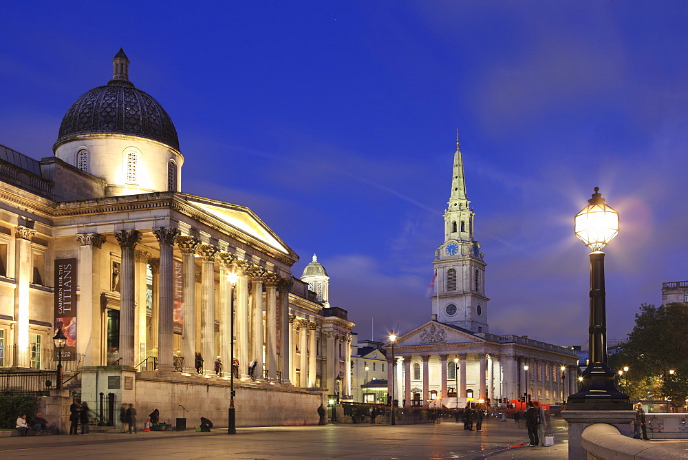 National Gallery at dusk, Trafalgar Square, London, England, United Kingdom, Europe