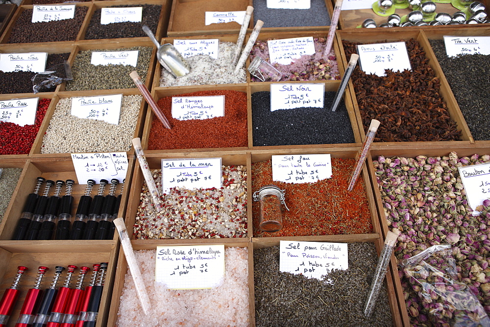 Different types of salt in a street market on the French Riviera, Provence, France, Europe