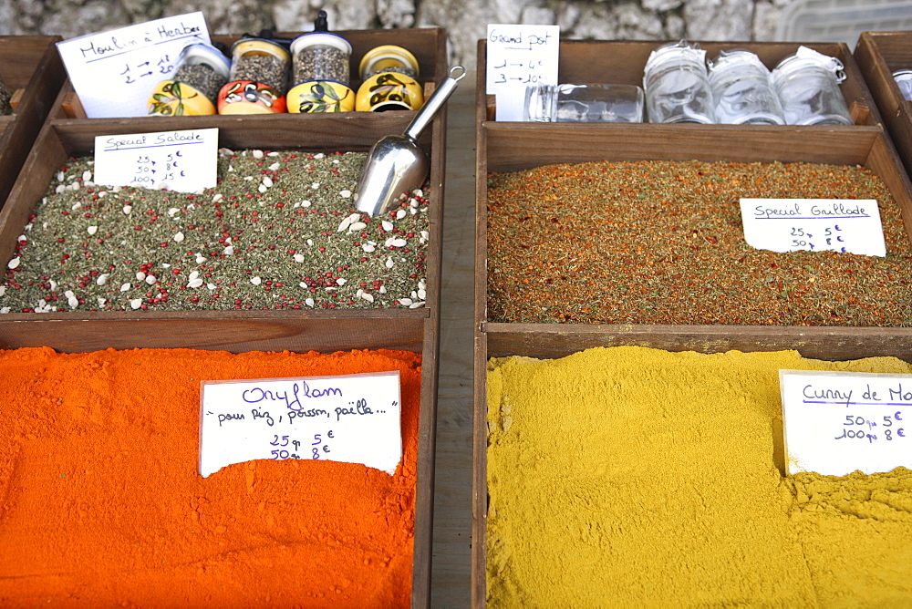 Spices on a stall in a street market on the French Riviera, Provence, France, Europe