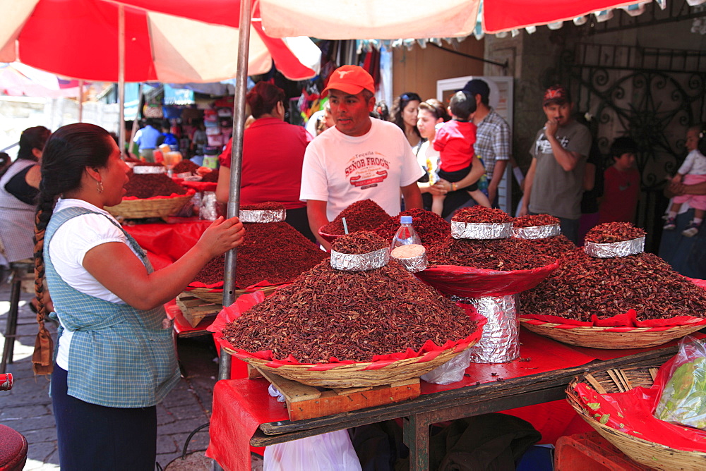 Vendor selling chapulines (fried grasshoppers), Oaxaca City, Oaxaca, Mexico, North America