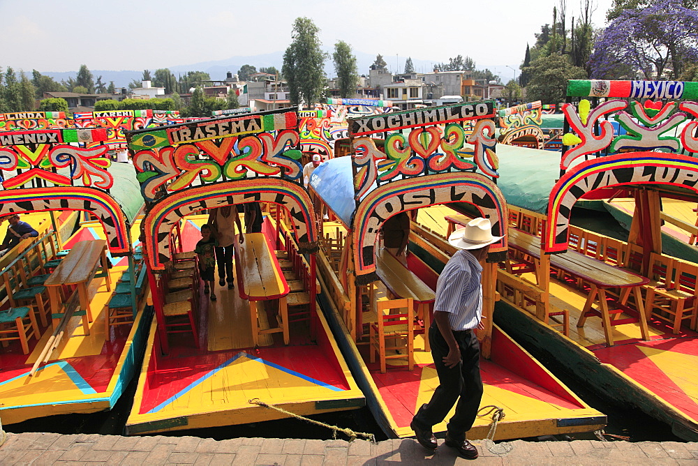 Brightly painted boats, Xochimilco, Trajinera, Floating Gardens, Canals, UNESCO World Heritage Site, Mexico City, Mexico, North America