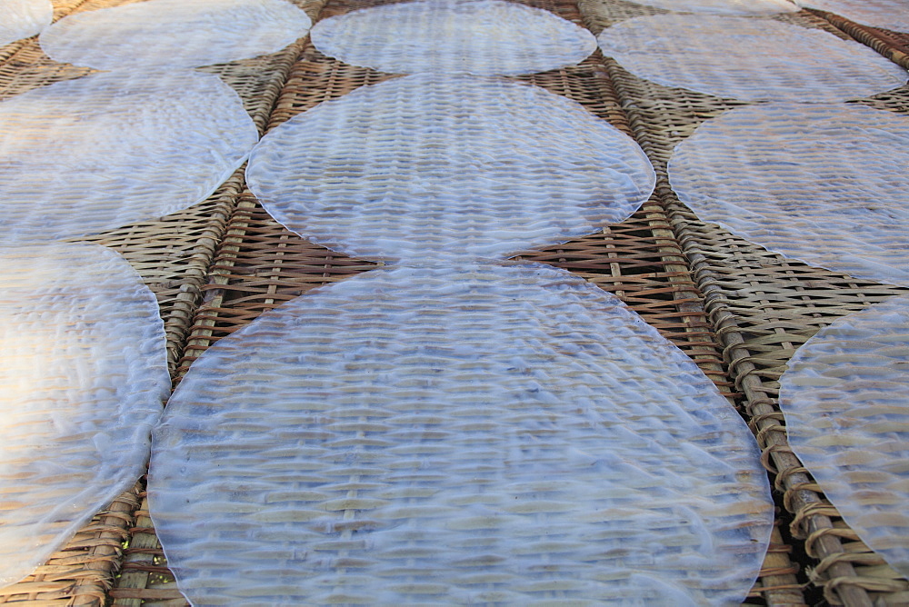 Rice paper crepes drying, Rice Noodle Factory, Mekong Delta, Can Tho Province, Vietnam, Indochina, Southeast Asia, Asia 