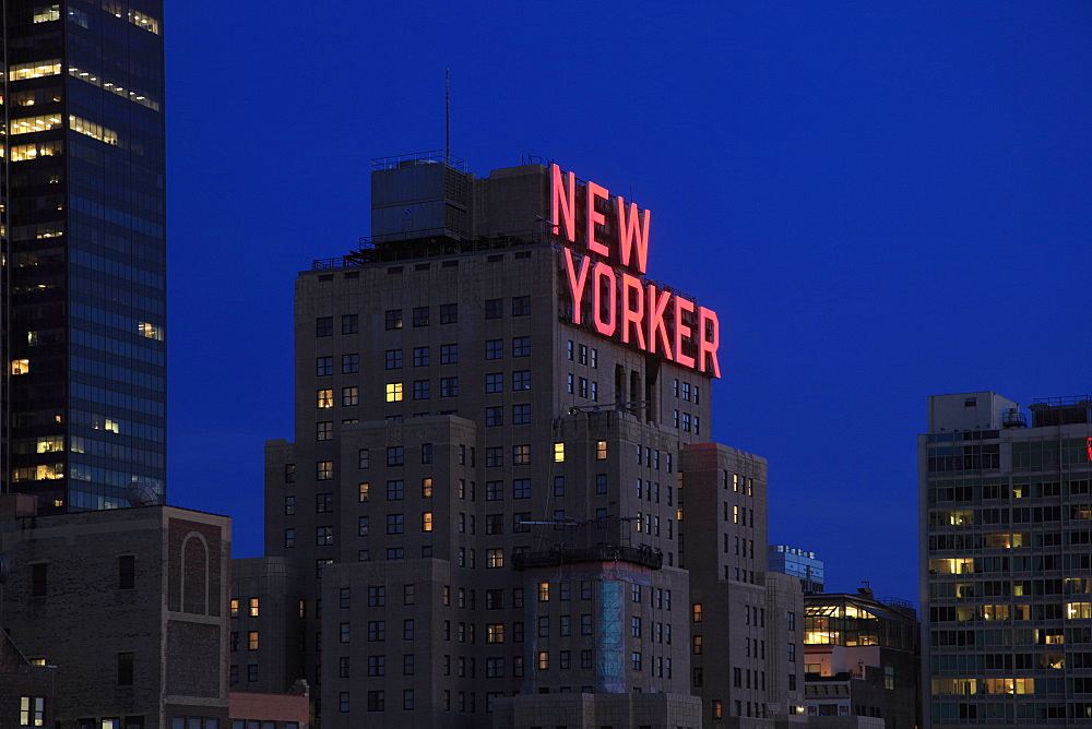 New Yorker Hotel at dusk, Midtown, West Side, Manhattan, New York City, United States of America, North America