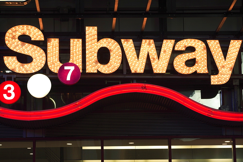 Neon Subway sign, Times Square, Manhattan, New York City, United States of America, North America