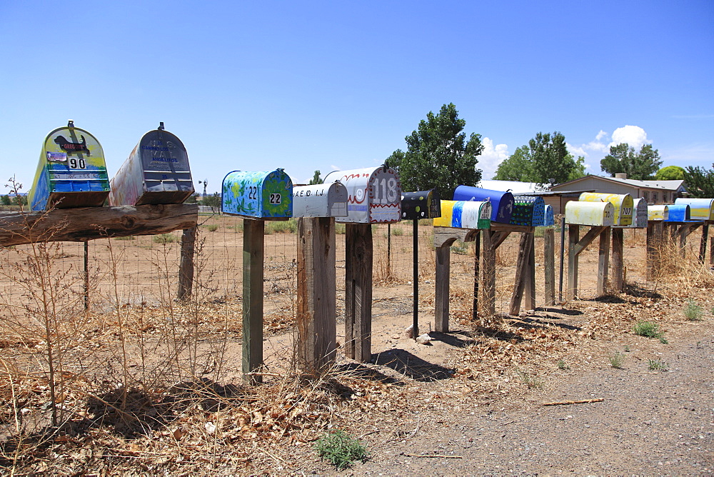 Painted rural mailboxes, Galisteo, Santa Fe County, New Mexico, United States of America, North America