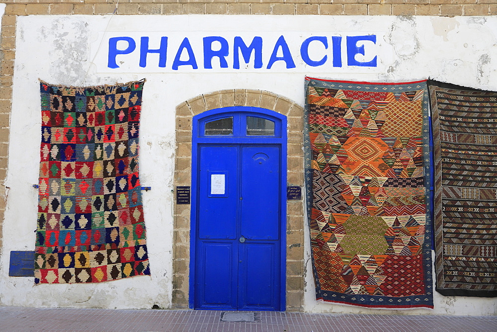 Pharmacy, Moroccan carpets, Medina, UNESCO World Heritage Site, Essaouira, Morocco, North Africa, Africa