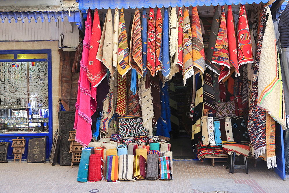 Carpets and textiles in the Souk, Medina, UNESCO World Heritage Site, Essaouira, Morocco, North Africa, Africa