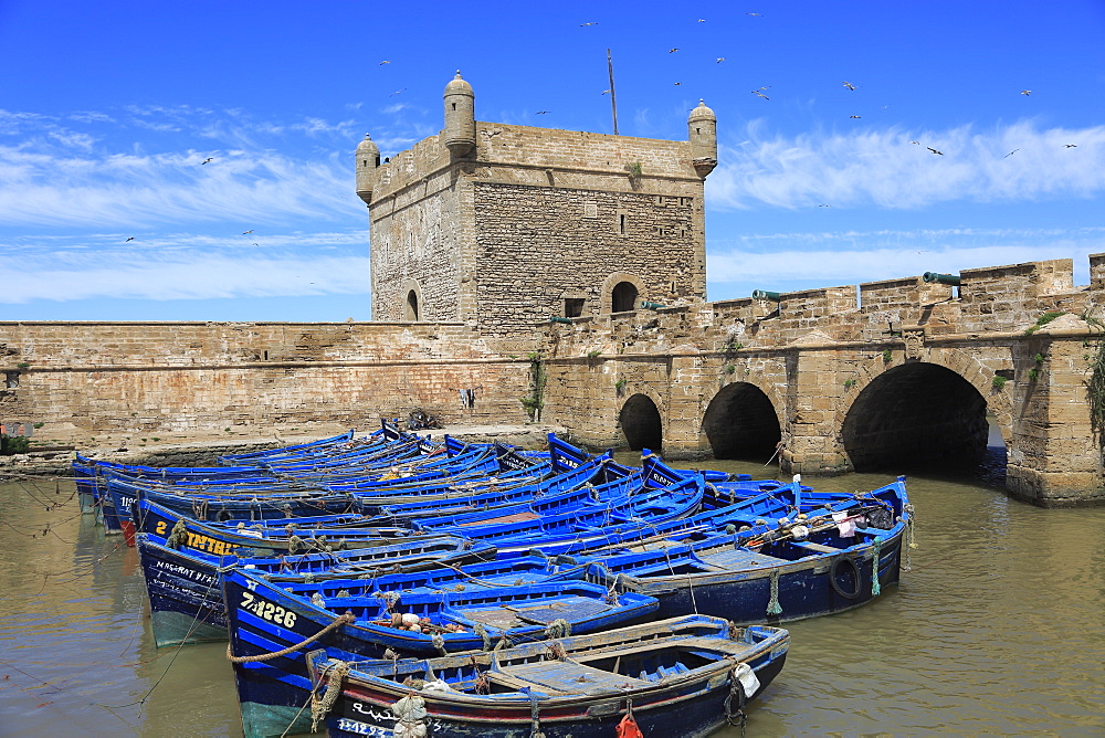 Skala du Port, fishing boats and harbor, 18th century Ramparts, Essaouira, Morocco, Atlantic Coast, North Africa, Africa