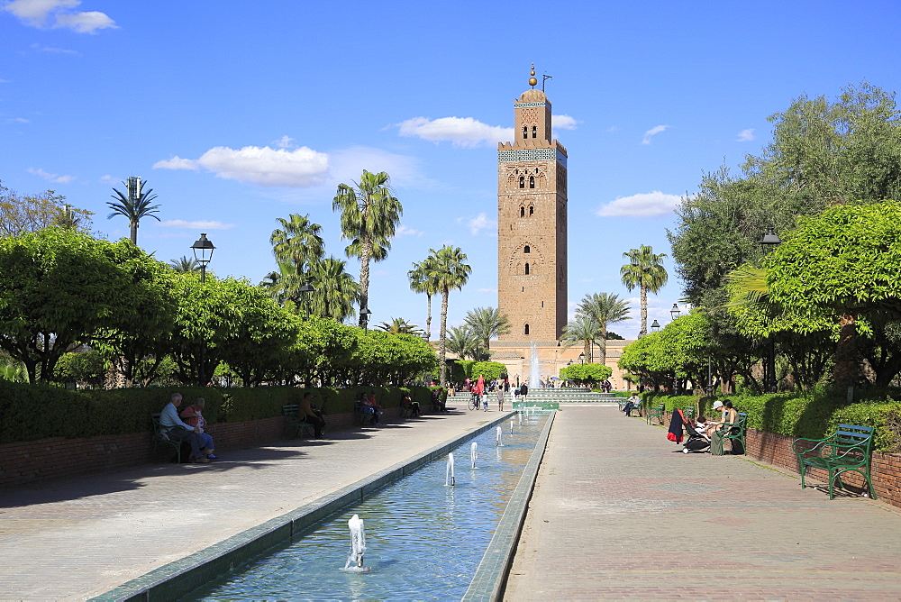 Minaret of the Koutoubia Mosque, 12th century, Marrakesh (Marrakech), Morocco, North Africa, Africa