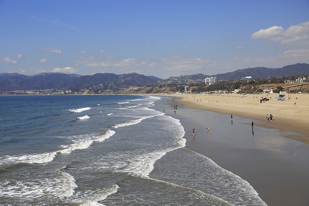 Beach, Santa Monica, Pacific Ocean, Malibu Mountains, Los Angeles, California, United States of America, North America