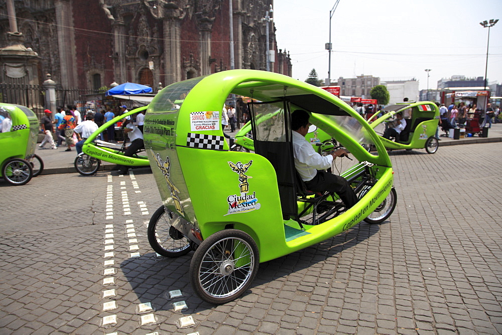 Eco-friendly cycle rickshaws, Zocalo, Plaza de la Constitucion, Mexico City, Mexico, North America