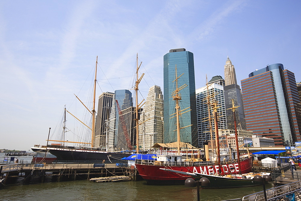 South Street Seaport and Lower Manhattan buildings, New York City, New York, United States of America, North America