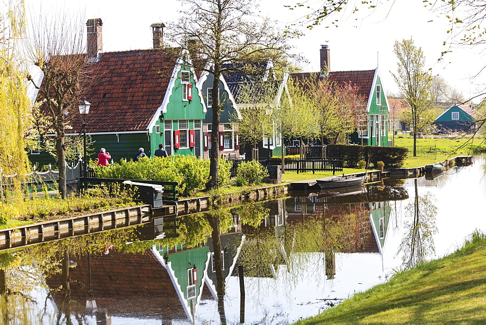 Preserved historic houses in Zaanse Schans, a village on the banks of the River Zaan, near Amsterdam, a tourist attraction and working museum, Zaandam, North Holland, Netherlands, Europe 