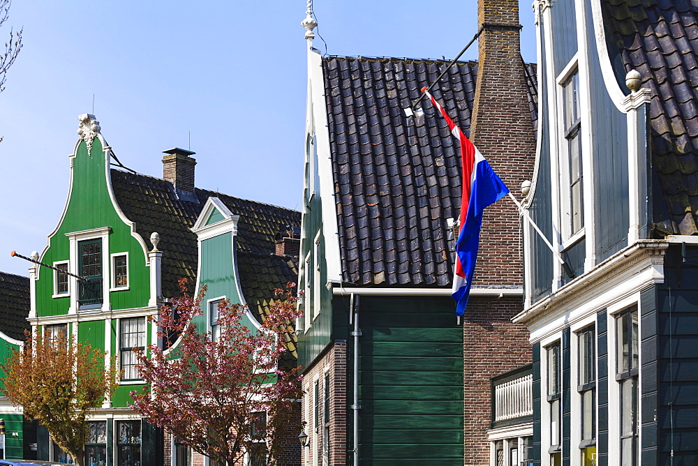 Preserved historic houses in Zaanse Schans, a village on the banks of the River Zaan, near Amsterdam, a tourist attraction and working museum, Zaandam, North Holland, Netherlands, Europe 